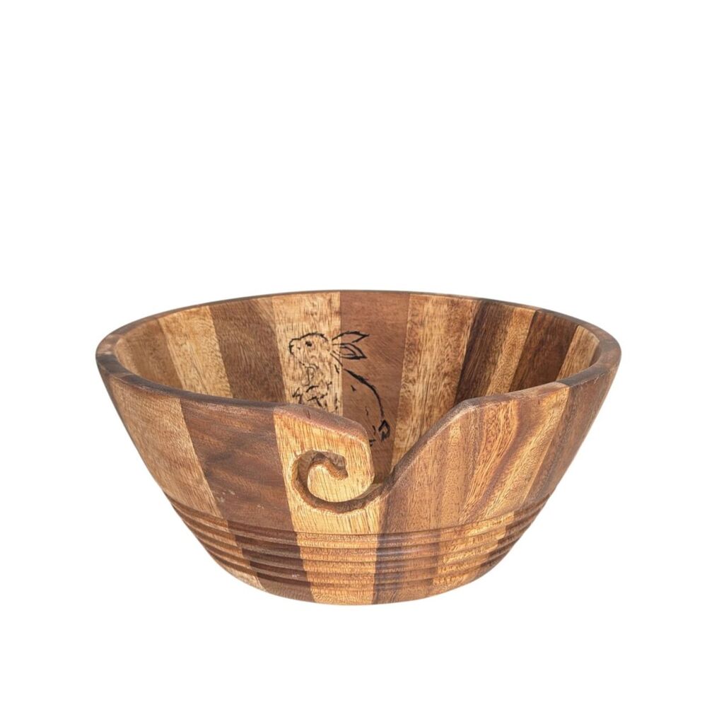 Wooden Yarn Bowl Handcrafted Rabbit Wood Burn Inside Knitting Crochet Quality